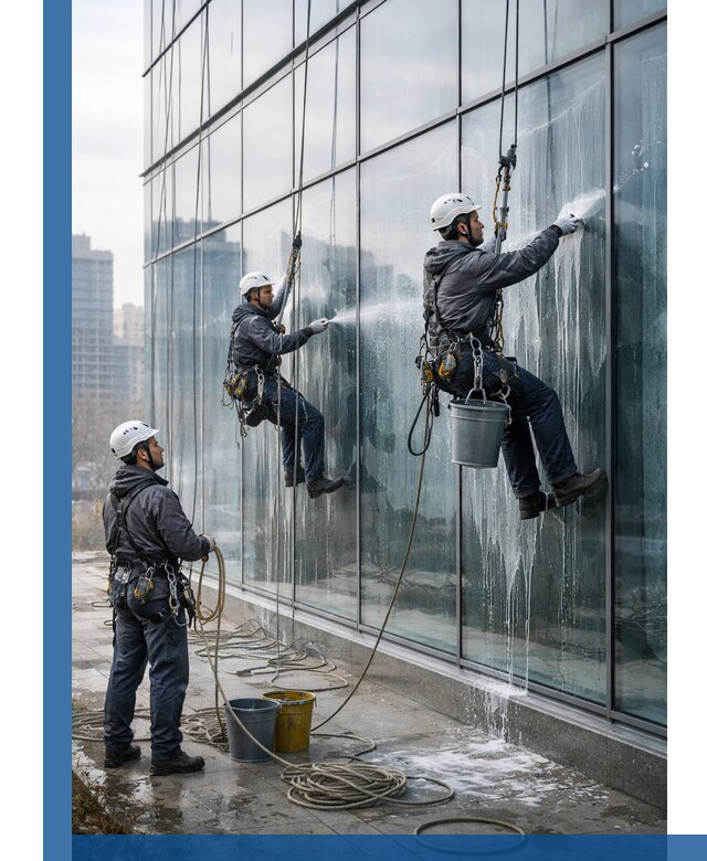 Промышленная мойка панорамных окон на высоте в Каменке