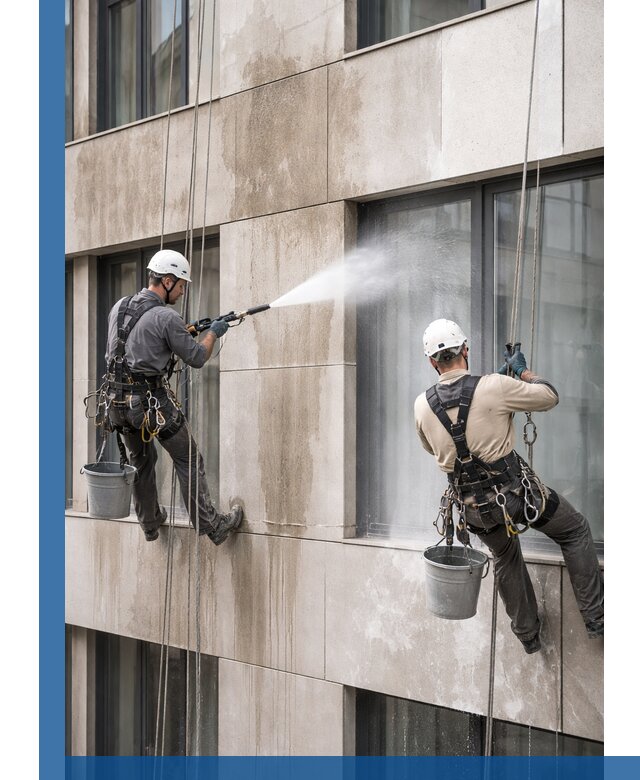 Послестроительная мойка фасада промышленным альпинизмом в Каменке