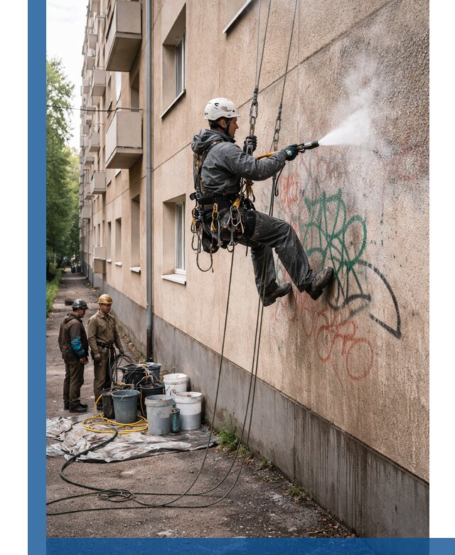 Удаление граффити с фасада в Каменке без следов и повреждений