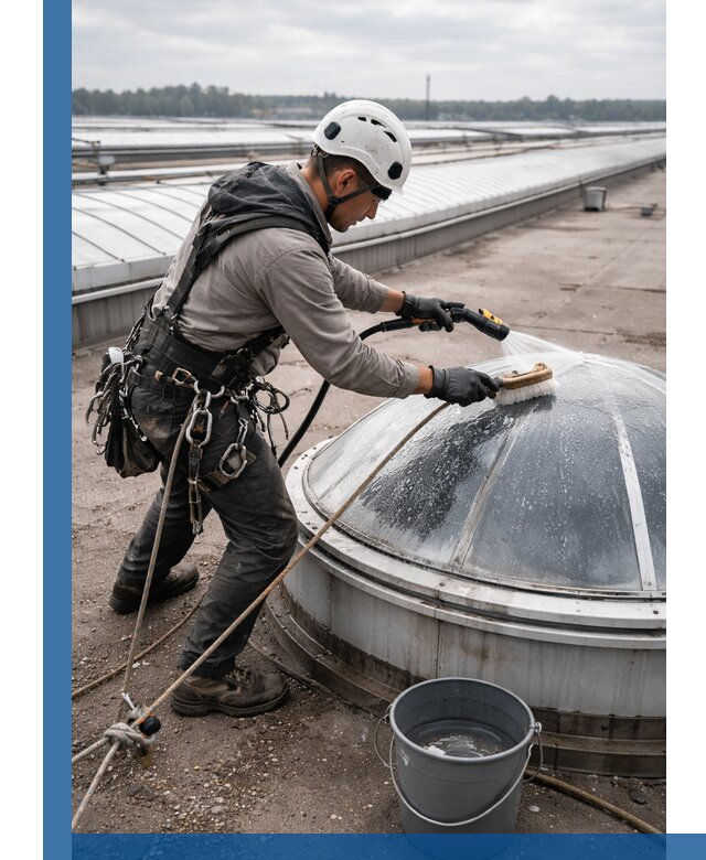 Мойка зенитных фонарей на кровле для промышленных объектов в Каменке