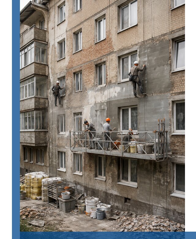 Капитальный ремонт фасада в Каменке с восстановлением и гидроизоляцией