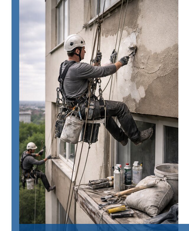 Косметический ремонт фасада зданий в Каменке промышленными альпинистами