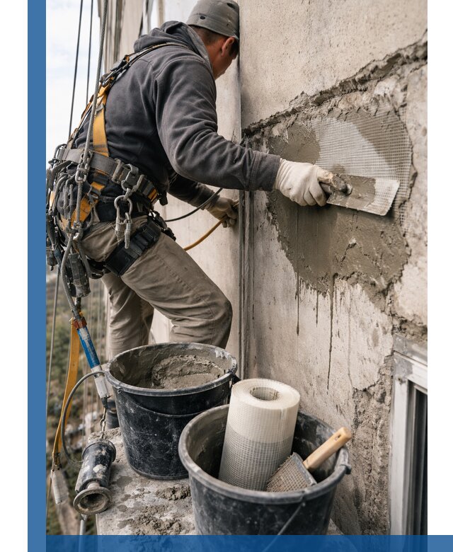 Ремонт бетонных элементов фасада промышленными альпинистами в Каменке