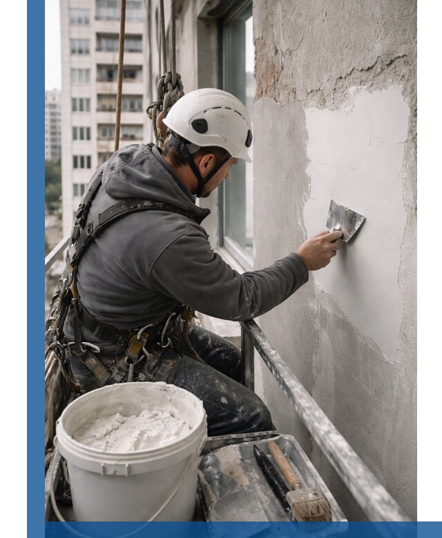 Шпаклевка фасадов на высоте с промальпинистами в Каменке