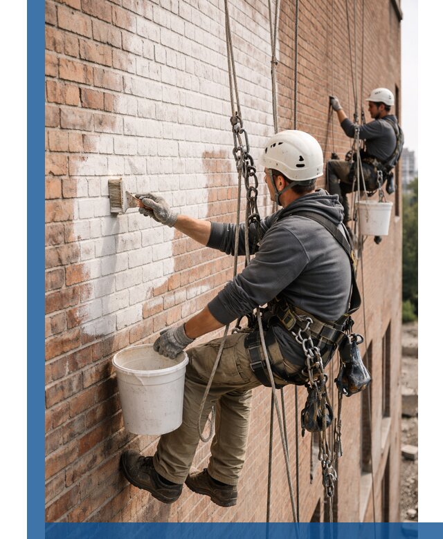 Покраска кирпичного фасада с доступным альпинистским сервисом в Каменке
