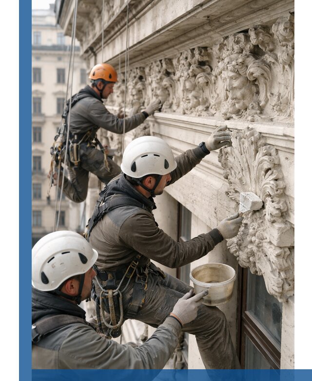 Реставрация фасадной лепнины с высотными работами в Каменке