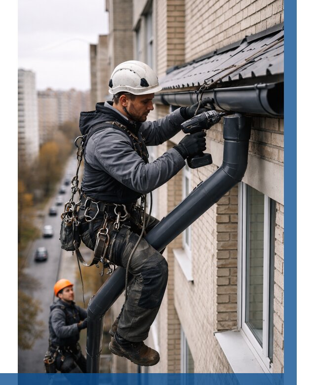 Монтаж водосточной системы на здании в Каменке от 5058 р. | ВЫСОТНИК-Кам