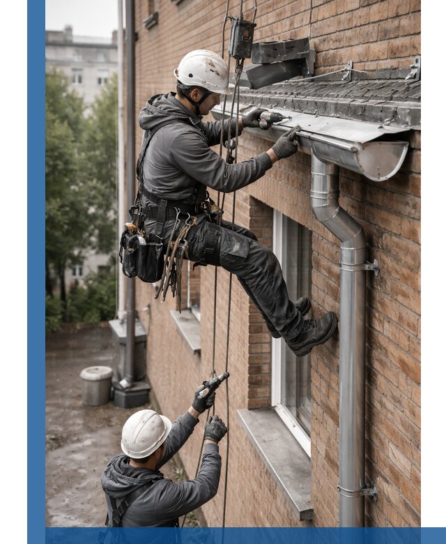 Монтаж водосточной системы на здании в Каменке под ключ