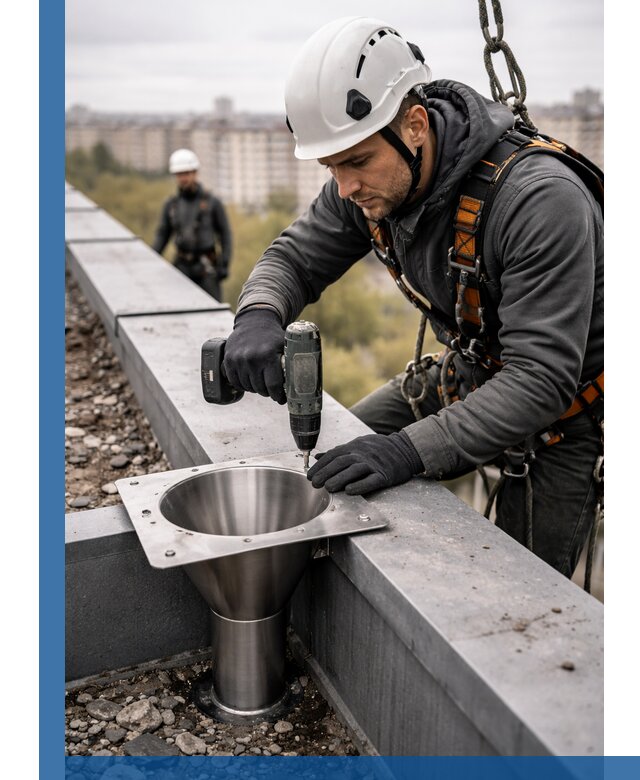 Монтаж водосточных воронок в Каменке для промышленных зданий