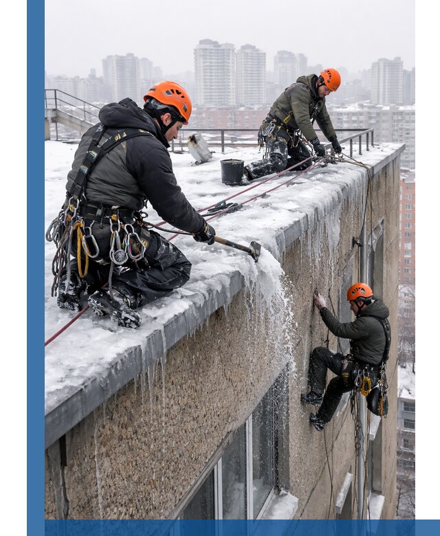 Удаление наледи с кровли в Каменке промышленными альпинистами