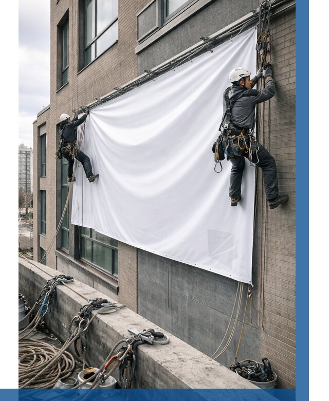 Монтаж баннеров на фасаде в Каменке от 657 р. заказать ВЫСОТНИК-Кам