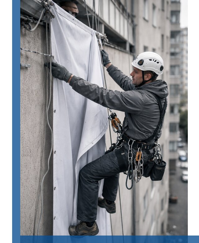 Замена баннерного полотна промышленными альпинистами в Каменке