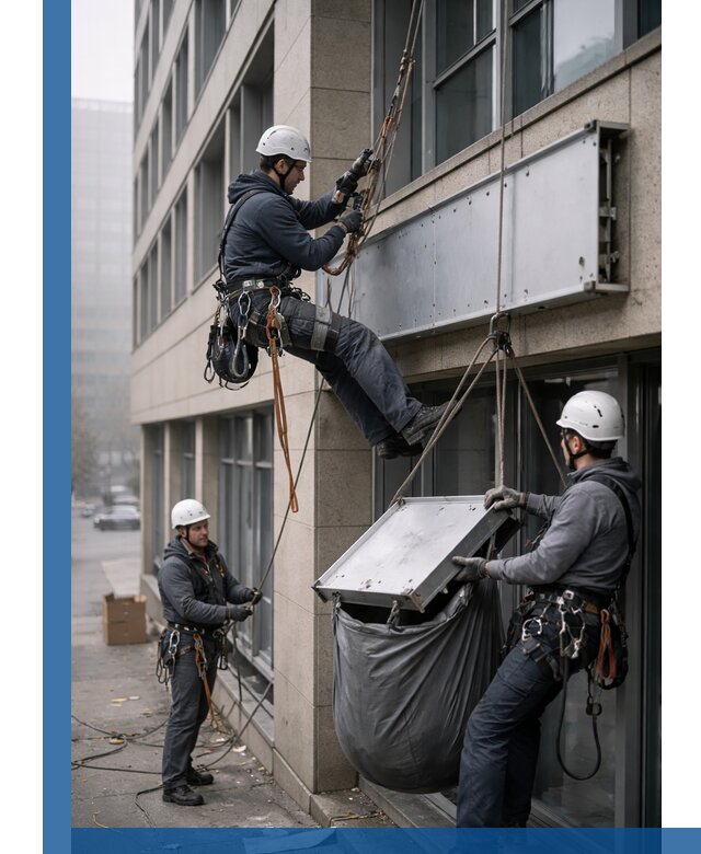 Демонтаж рекламной вывески с высотными работами в Каменке