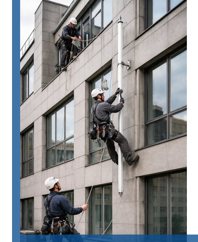 Монтаж флагштока на фасаде здания с креплением и герметикой в Каменке