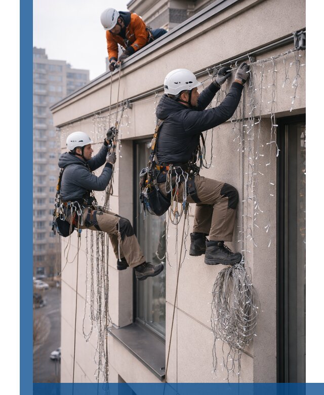 Монтаж праздничных гирлянд на фасаде в Каменке для зданий