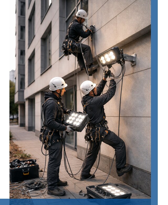 Монтаж прожекторов на фасаде в Каменке от 7586 р. | ВЫСОТНИК-Кам