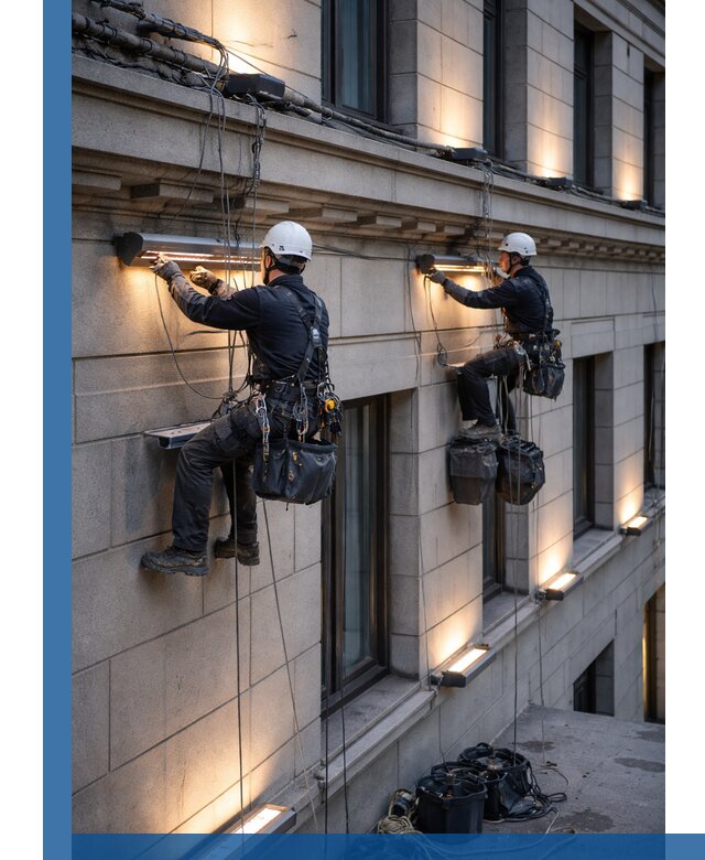 Монтаж архитектурной подсветки фасадов зданий в Каменке