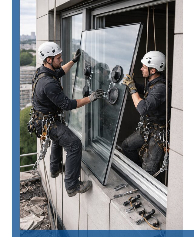 Замена стеклопакетов на высоте с промышленными альпинистами в Каменке