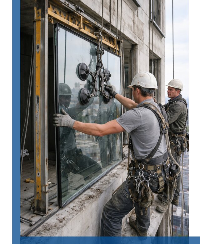 Монтаж стеклопакетов на высоте в Каменке с промышленным альпинизмом