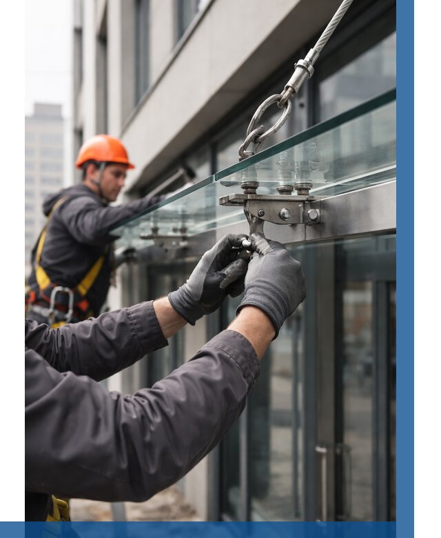 Монтаж стеклянных козырьков в Каменке от 8598 р. | ВЫСОТНИК-Кам