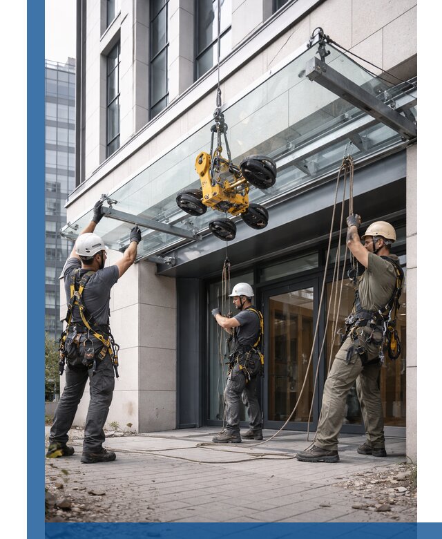 Монтаж стеклянных козырьков под ключ в Каменке для зданий