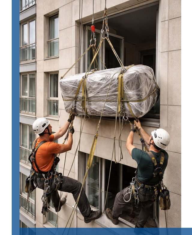 Подъем грузов через окно в Каменке промышленными альпинистами