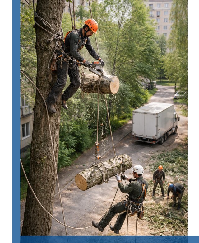Спил деревьев альпинистами в Каменке, безопасно и без повреждений
