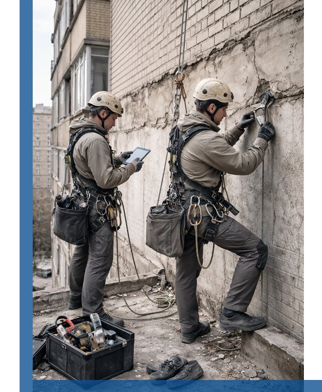 Обследование фасада промышленными альпинистами в Каменке